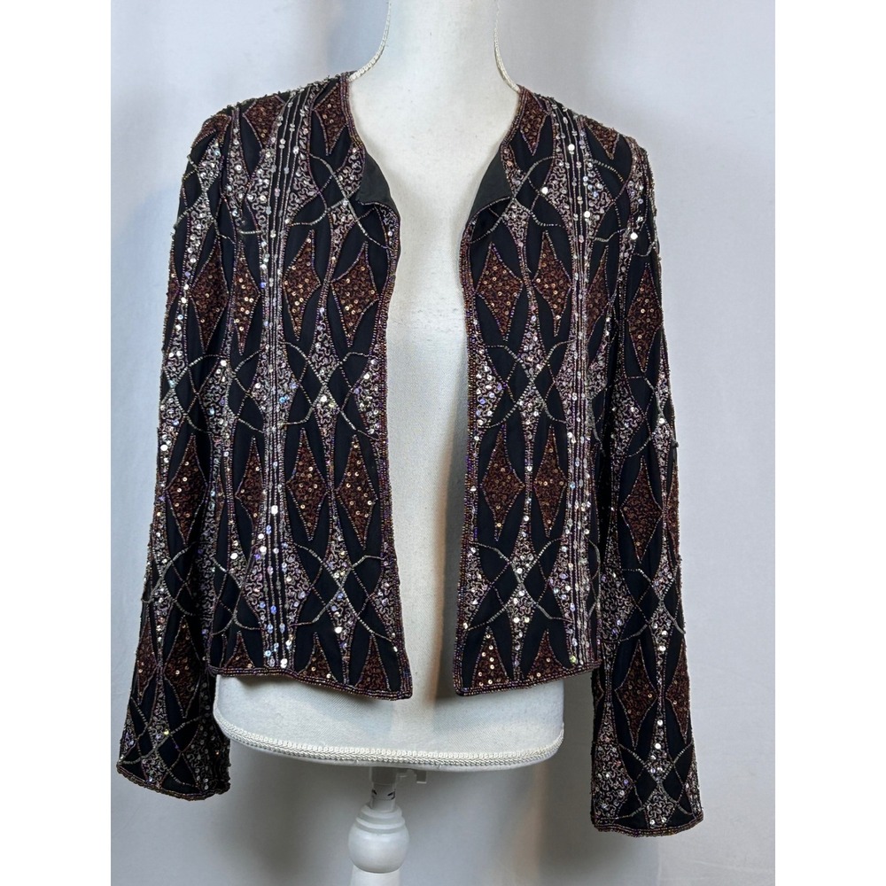 Papell Boutique Evening Jacket Women M Black Excellent Beaded Sequin Silk Shrug